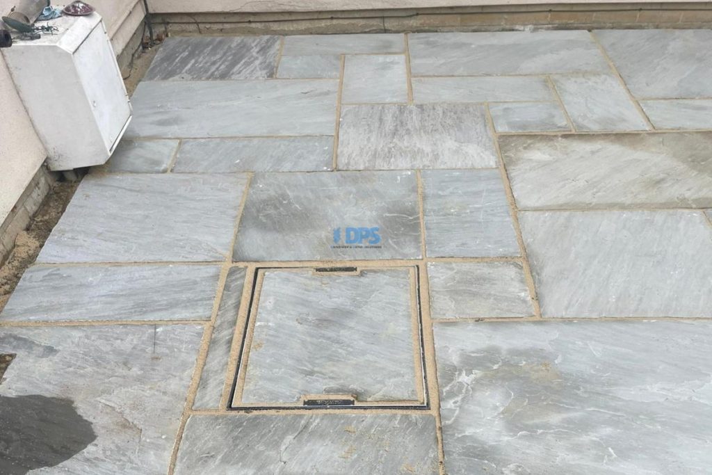 Grey Sandstone Slabbed Patio with Buff Grout in Cheltenham (5)