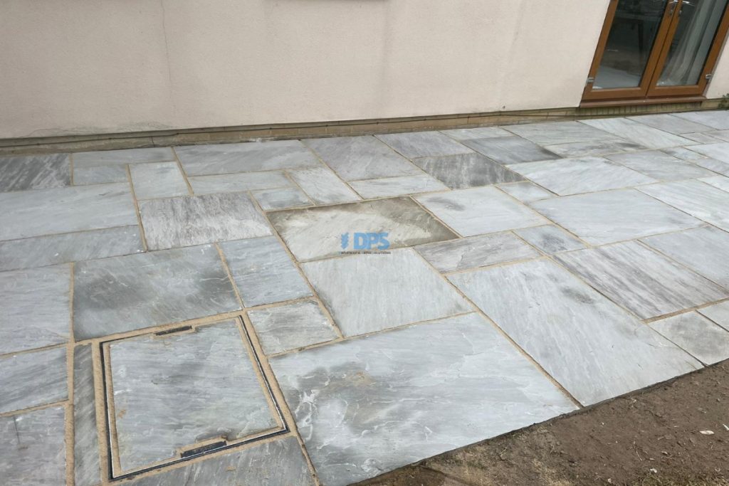 Grey Sandstone Slabbed Patio with Buff Grout in Cheltenham (6)